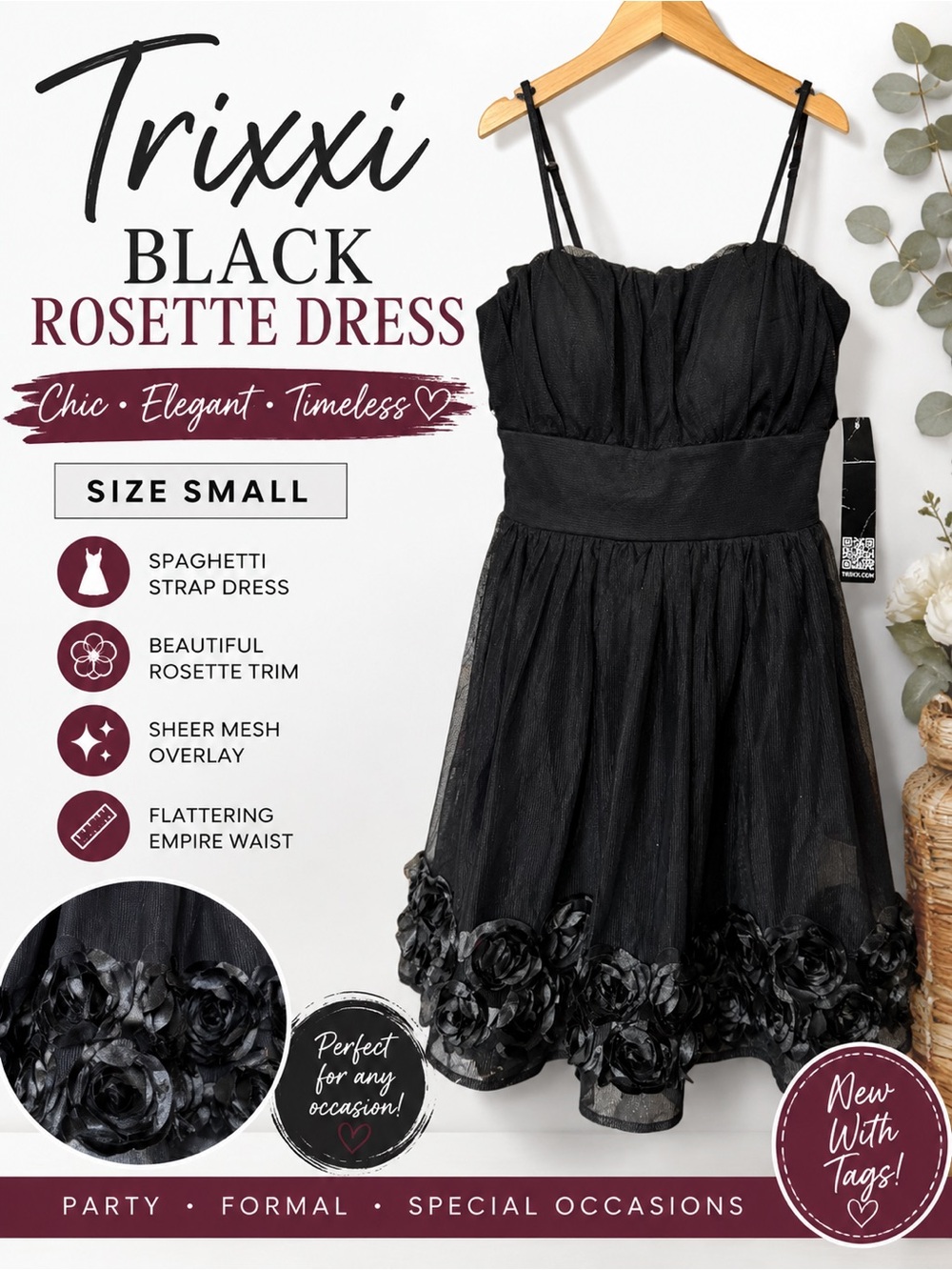 Trixxi Black Rosette Mesh Party Dress NWT Size Small Spaghetti Strap Formal
